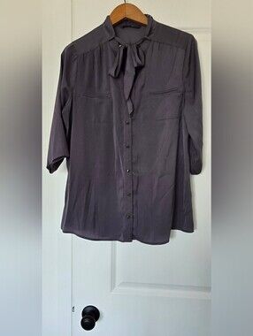 Women’s Tie-Neck Button Front Blouse - Charcoal Gray